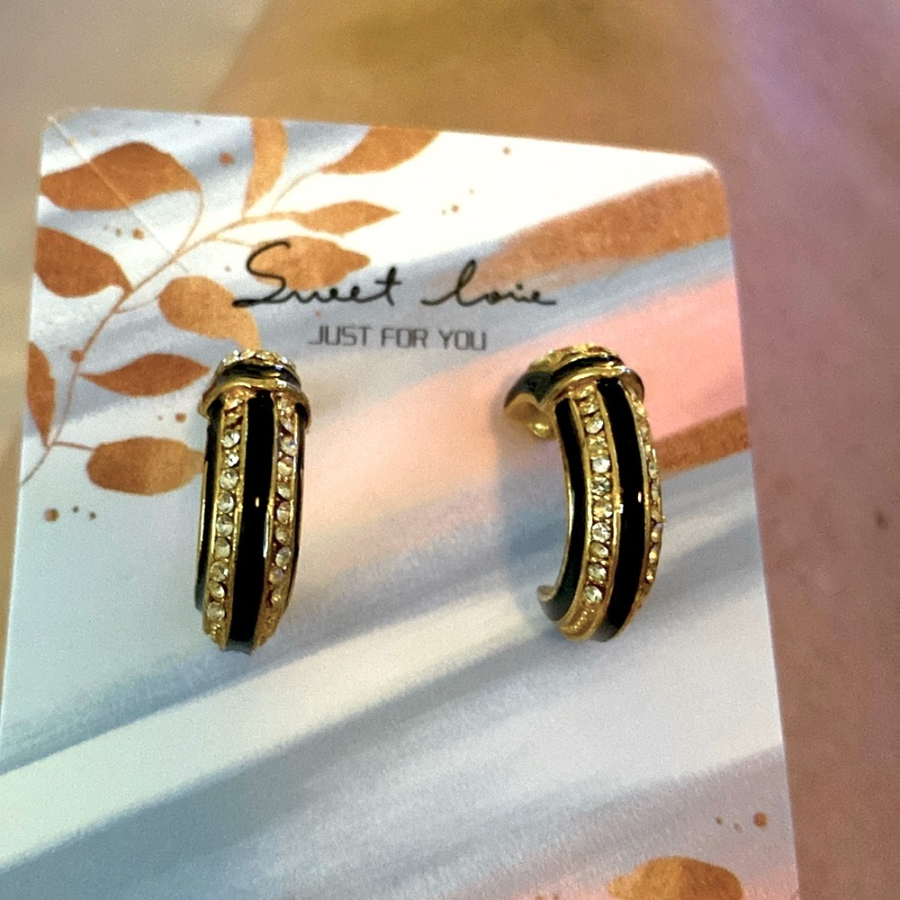 Rhinestone Black Enamel Pierced Earrings OS